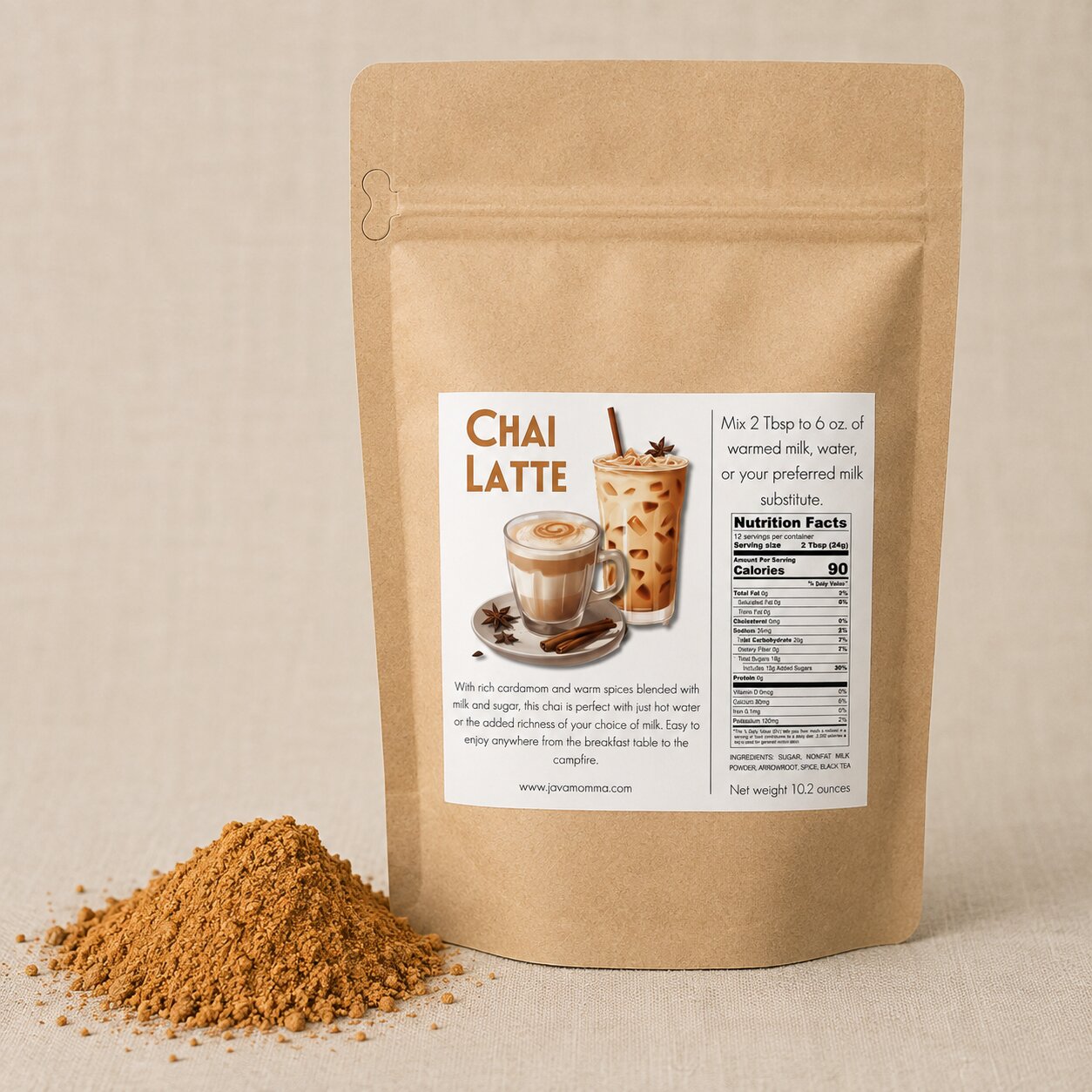 A kraft paper stand-up pouch labeled CHAI LATTE stands on a beige surface with a small pile of brown powder in front. The package includes a product photo of a chai latte, nutrition facts, and usage text.