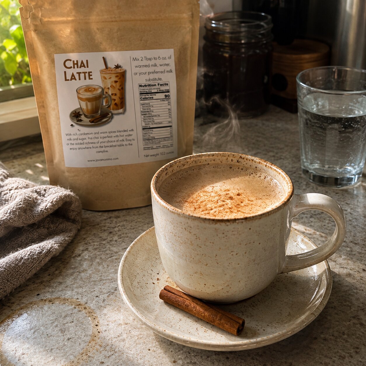 A ceramic cup of steaming chai latte sits on a saucer with a cinnamon stick, with a stand-up pouch of Chai Latte behind it on a kitchen counter.