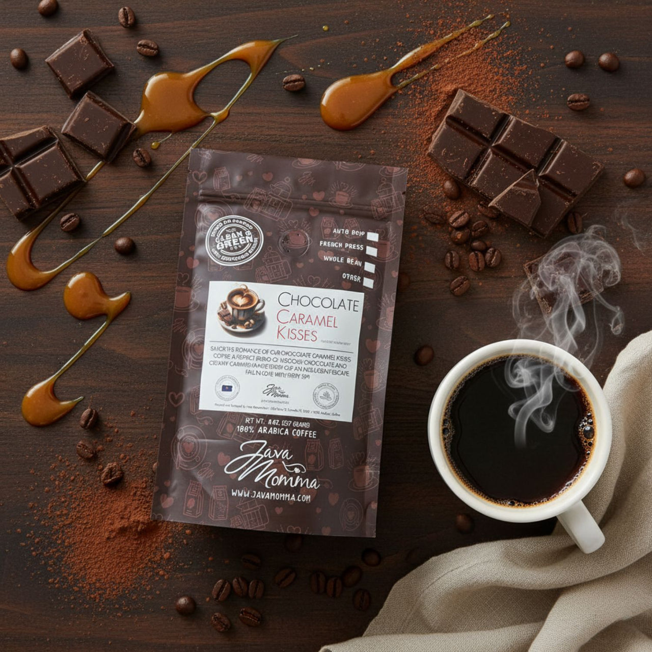 Chocolate Caramel Kisses Coffee | Sweet, Velvety, Romantic Flavor | Java Momma