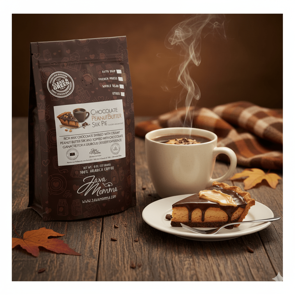 A bag of Chocolate Peanut Butter Silk Pie Coffee – A Luxurious Dessert in Your Cup 🍫🥜☕ sits beside a steaming mug and slice of pie, surrounded by autumn leaves and a plaid blanket—perfect for cozy, seasonal coffee moments.
