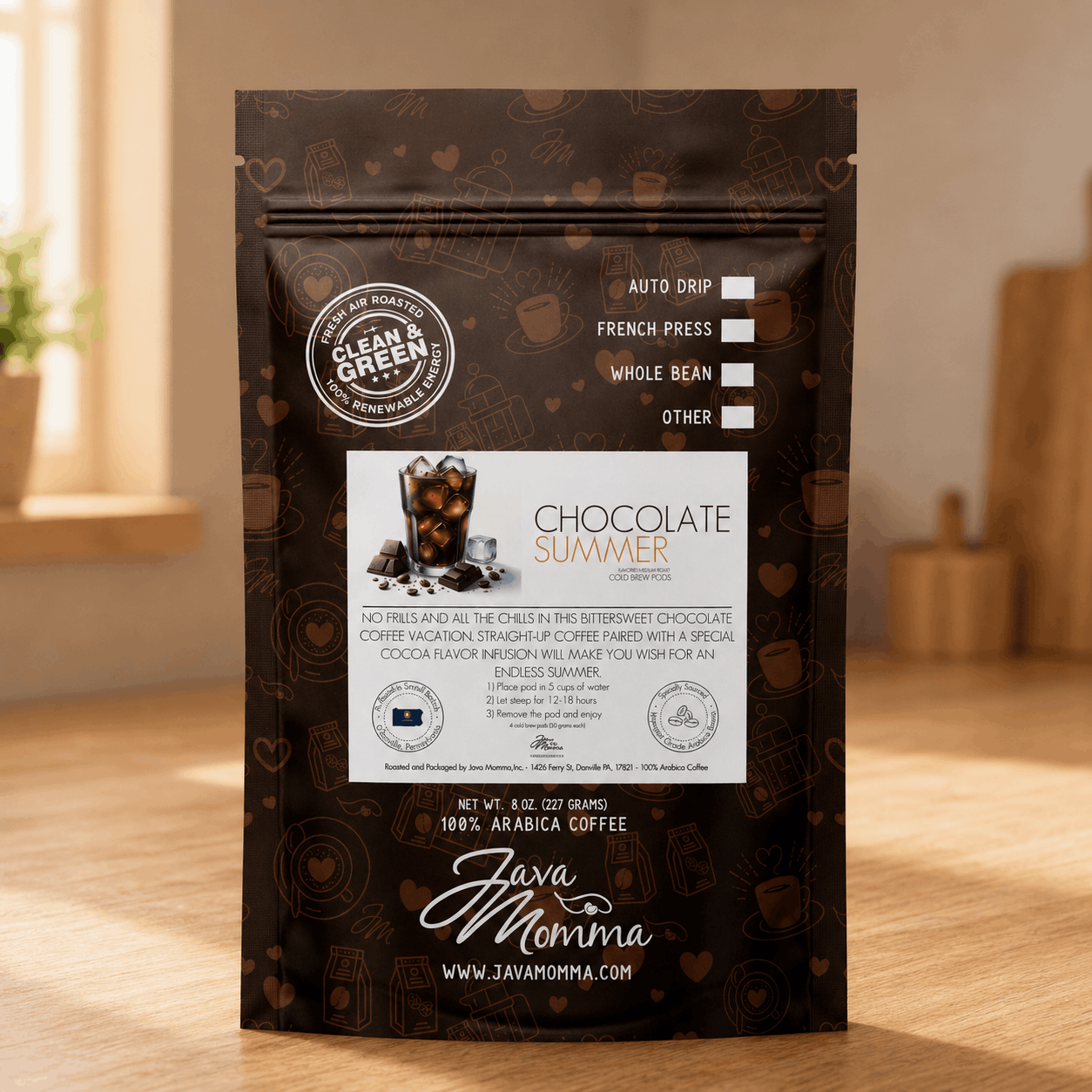 Java Momma Chocolate Summer cold brew coffee package with chocolate flavor on a wooden surface