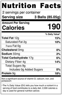 Thumbnail for The nutrition facts label for El Churrito – Vanilla Cinnamon Almond Wholly Balls lists 2 servings per container, serving size 3 balls (85.05g), 190 calories per serving, and provides details on fat, cholesterol, sodium, carbs, fiber, sugars, and protein.