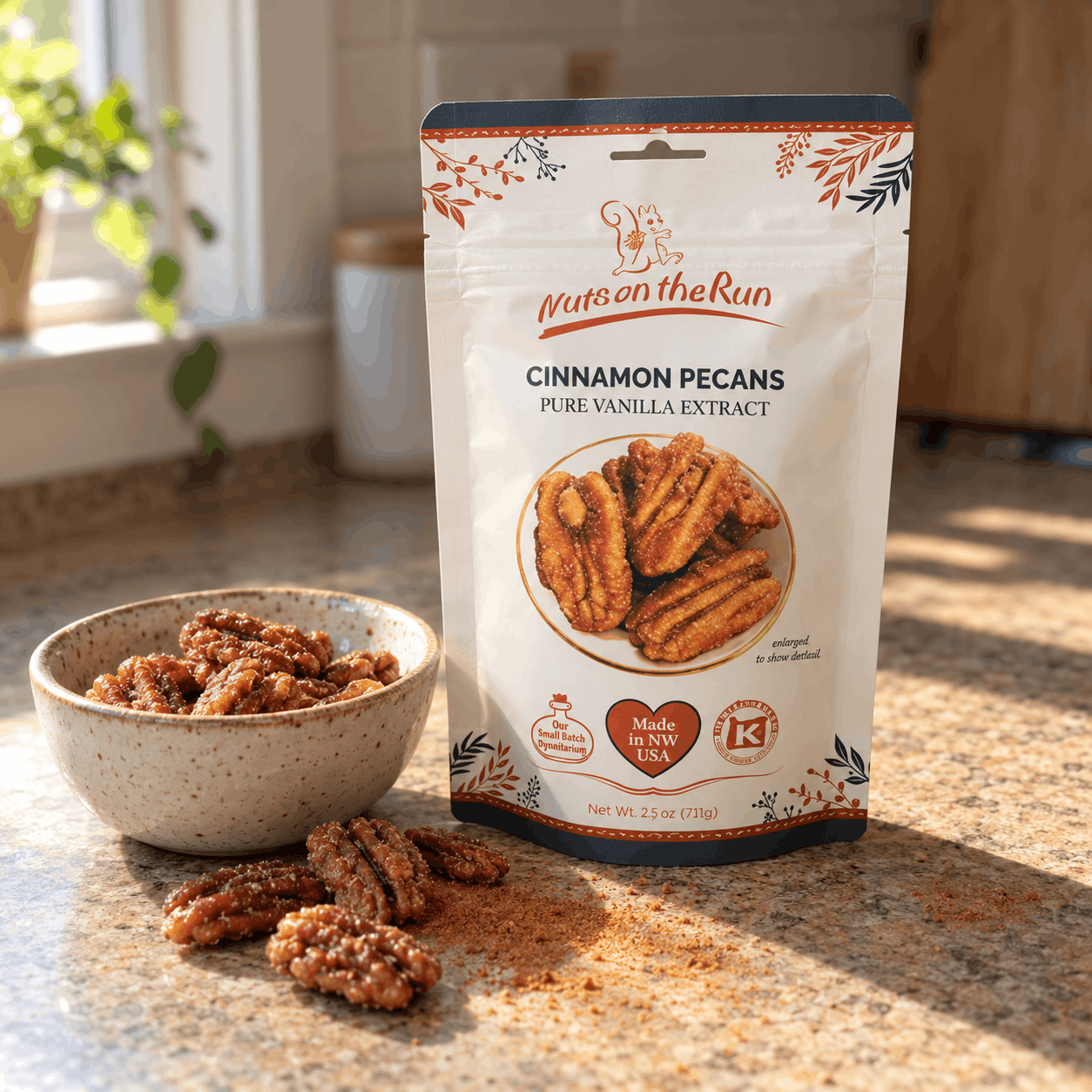 A stand-up pouch of Wato on the Run Cinnamon Pecans Pure Vanilla Extract stands on a kitchen countertop beside a small speckled bowl of pecans and scattered cinnamon powder. Sunlight streams across the counter, with a blurred kitchen background.