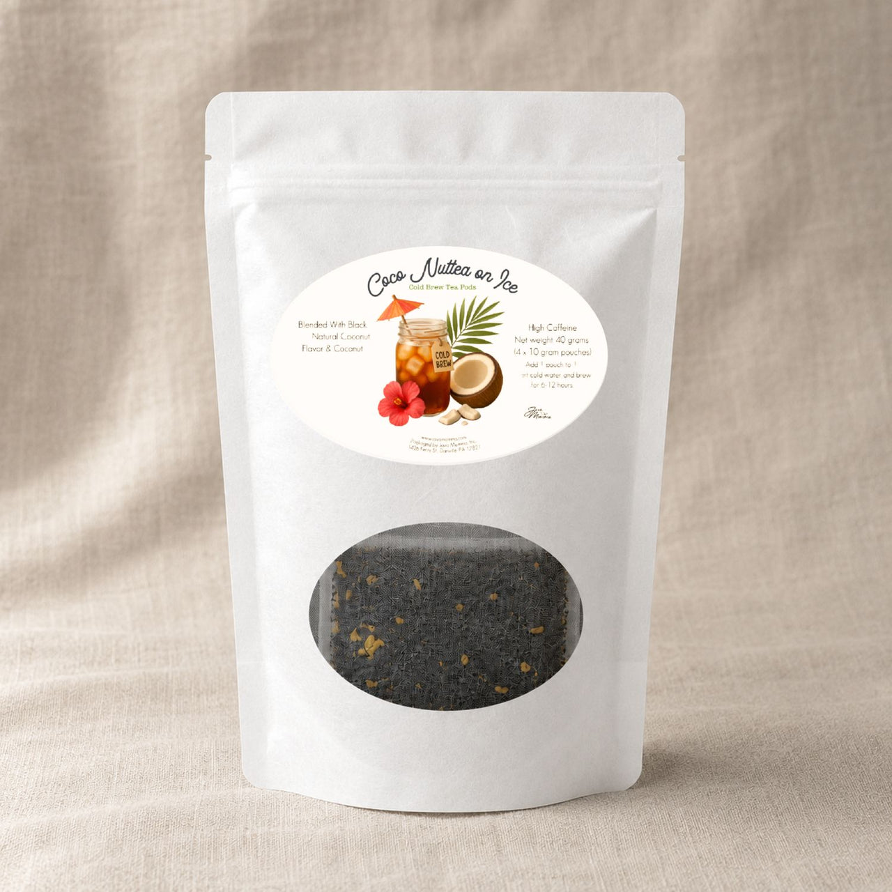 Coco Nuttea on Ice Cold Brew Pods packaging on beige linen background
