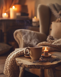 Thumbnail for A steaming mug of Cocoa Moon 🍫🌙 – Your Chocolate Lullaby in a Cup sits on a rustic table beside a candle, with an armchair and knit blanket in the background. Warm light and candles create a relaxing, inviting vibe.