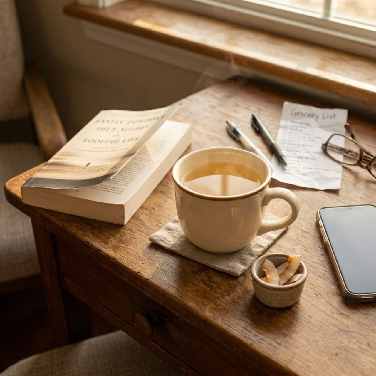 Steaming mug of Coconut Cloud white tea on a wood side table with an open book, grocery list, glasses, and a small dish of toasted coconut