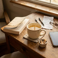 Thumbnail for Steaming mug of Coconut Cloud white tea on a wood side table with an open book, grocery list, glasses, and a small dish of toasted coconut