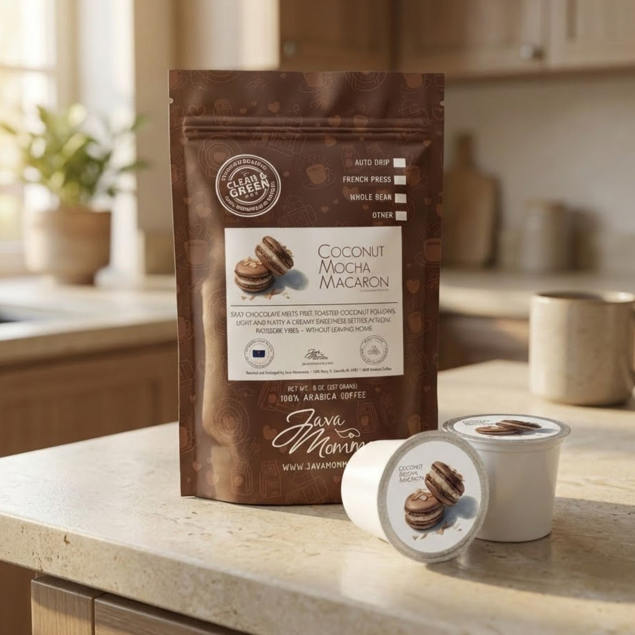 coconut mocha macaron Coffee package and pods on a kitchen counter with a blurred background