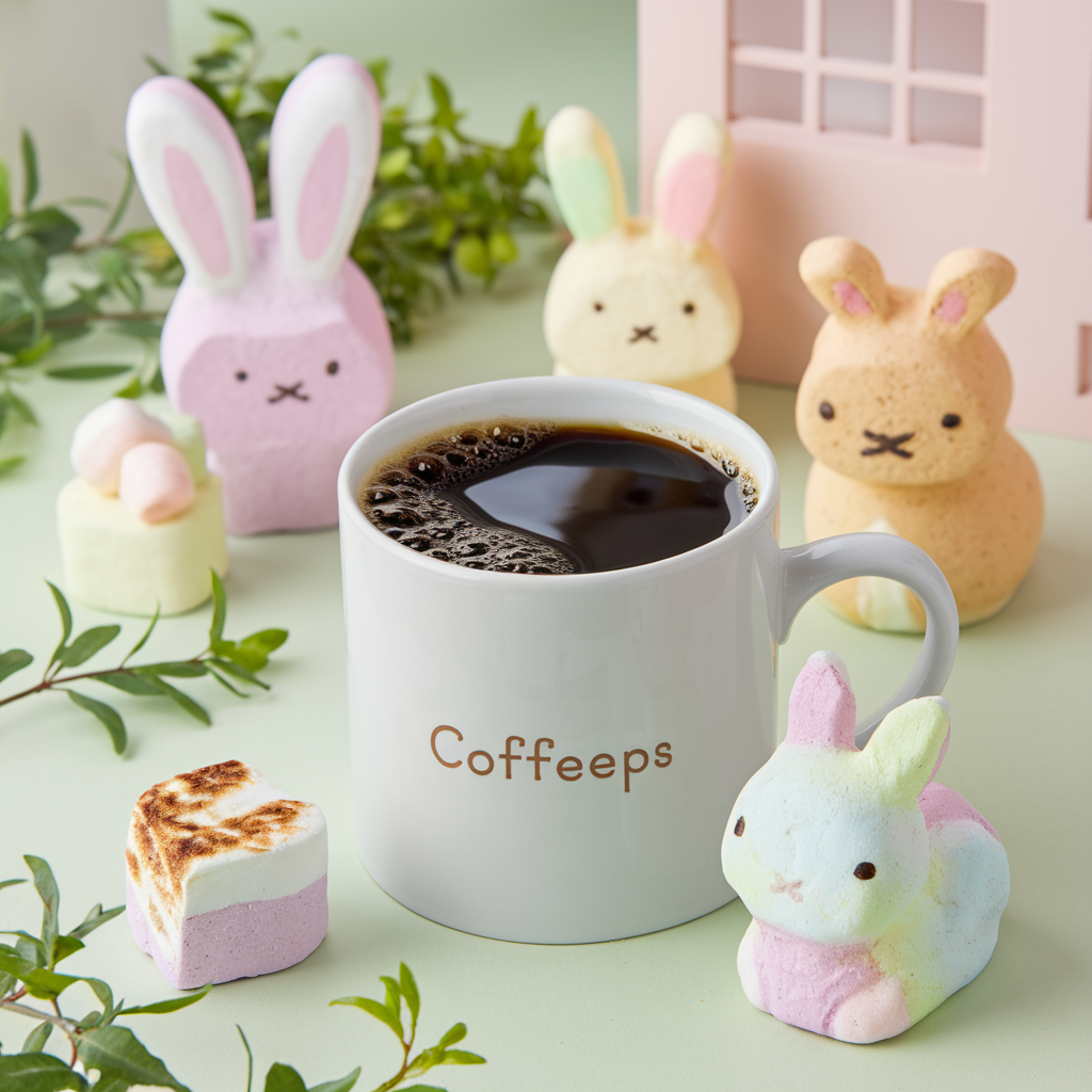 A white coffee mug labeled "Coffeeps" sits filled with freshly brewed black coffee, surrounded by pastel-colored marshmallow bunnies and toasted marshmallow treats. The soft green background, leafy accents, and a miniature pastel house create a whimsical, springtime setting perfect for an Easter-inspired coffee moment.