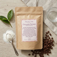 Thumbnail for Package of 'Feeling Fine Collagen Peptides' on a wooden surface with coffee beans and a spoon.