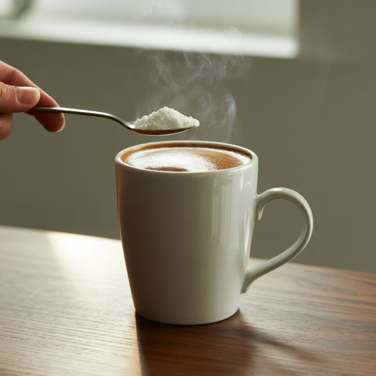 Person adding collagen powder from a spoon into a steaming cup of coffee on a wooden table.