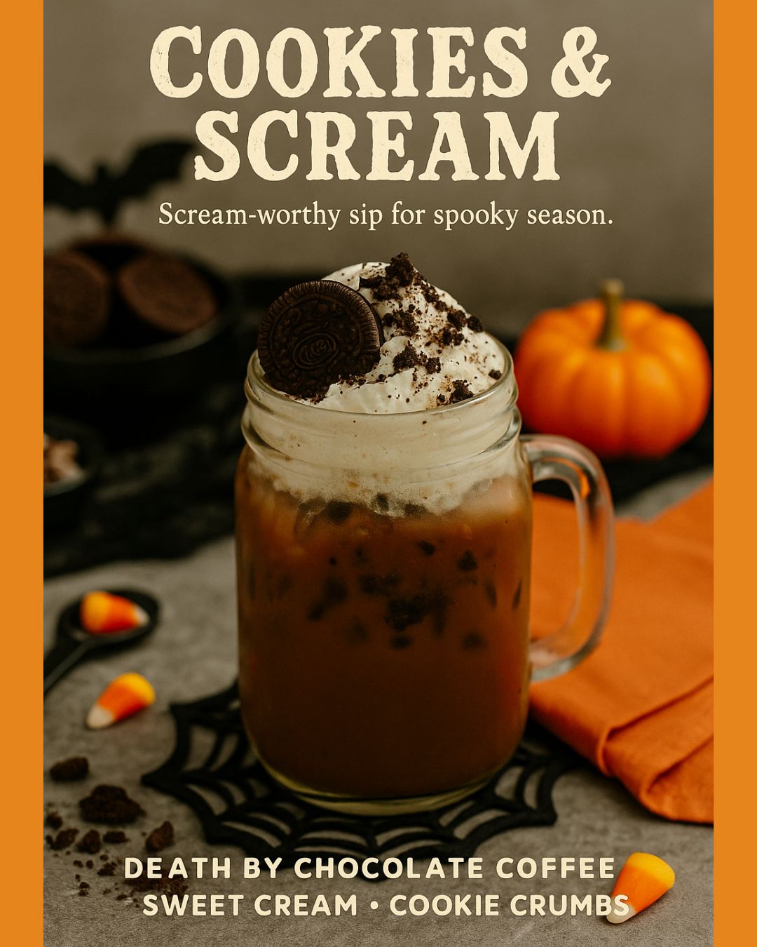 Cookies & Scream Mocha Cold Brew using Java Momma Death by Chocolate Coffee, finished with sweet cream and crushed cookies for a frightfully good fall drink.