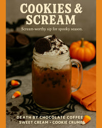 Thumbnail for Cookies & Scream Mocha Cold Brew using Java Momma Death by Chocolate Coffee, finished with sweet cream and crushed cookies for a frightfully good fall drink.