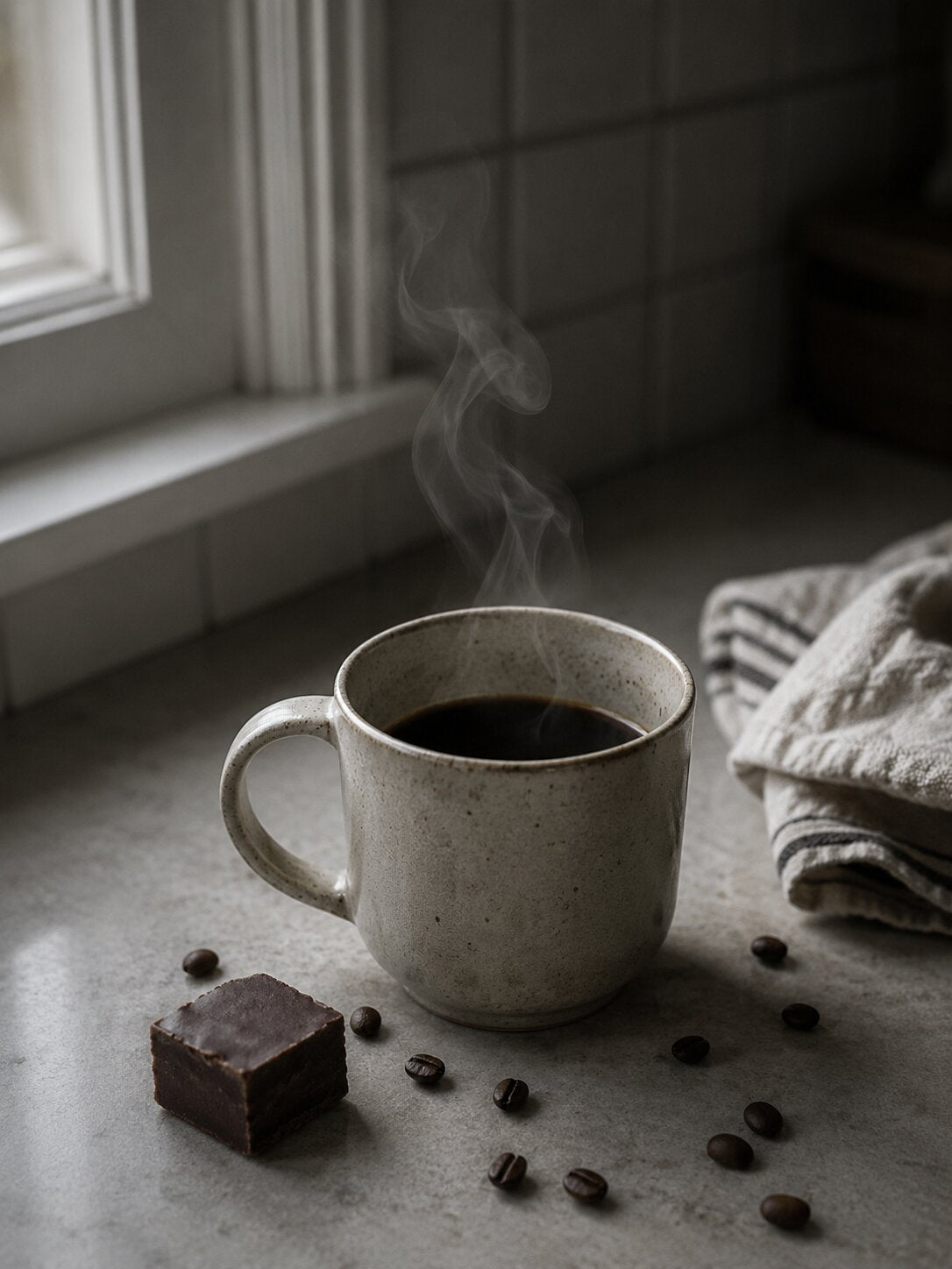 Steaming coffee mug on a table with coffee beans and a piece of chocolate