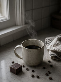 Thumbnail for Steaming coffee mug on a table with coffee beans and a piece of chocolate