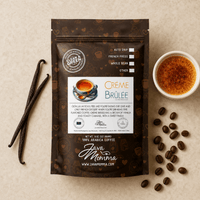 Thumbnail for Overhead flatlay of Crème Brûlée coffee bag with a cracked sugar crust ramekin and vanilla bean