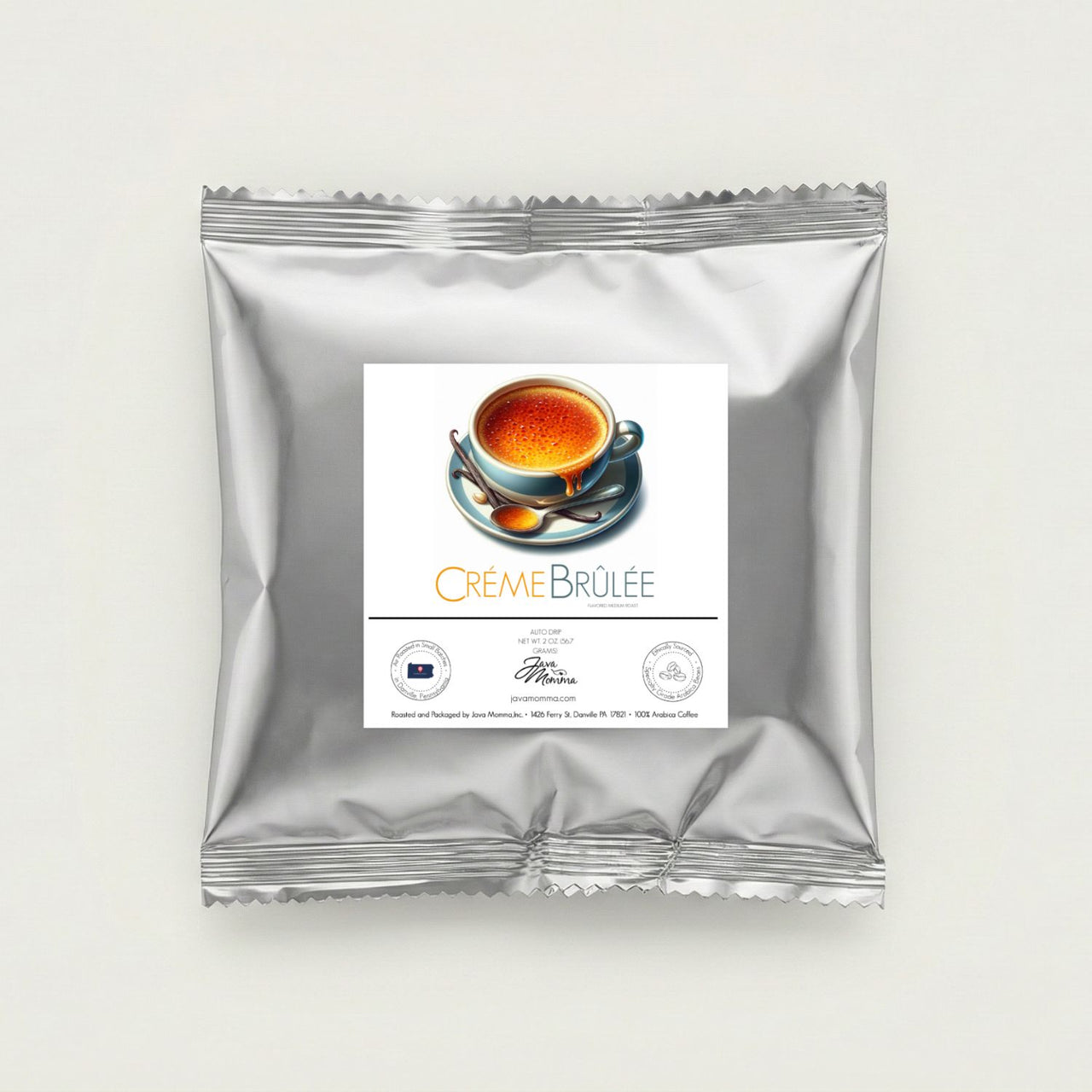 2 ounce sample bag of Creme Bruleé coffee on a white background