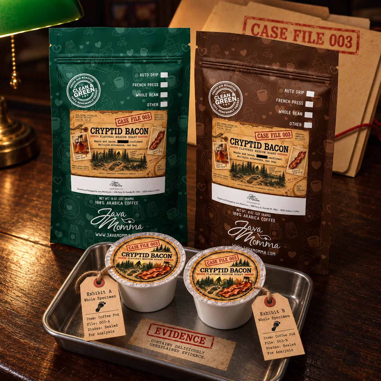 Cryptid Bacon Coffee | Momma's Picks packaging showcased with mystery elements and coffee cups