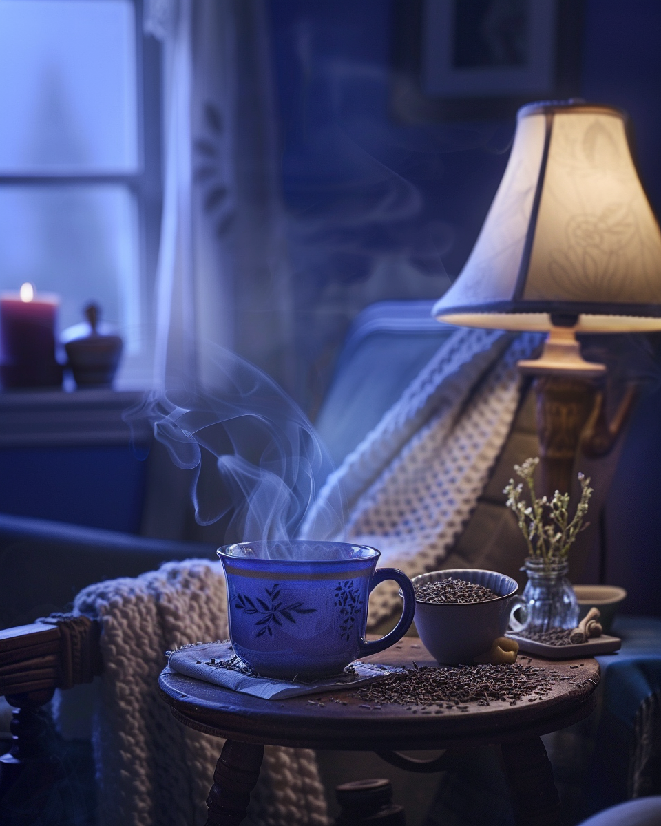 A steaming cup of Cycle Support Tea—The Monthly Hug in a Mug That Gets You 😮‍💨🫖—rests on a table by a cozy armchair with a knit blanket, candles, and coffee beans setting the scene for comforting period relief.