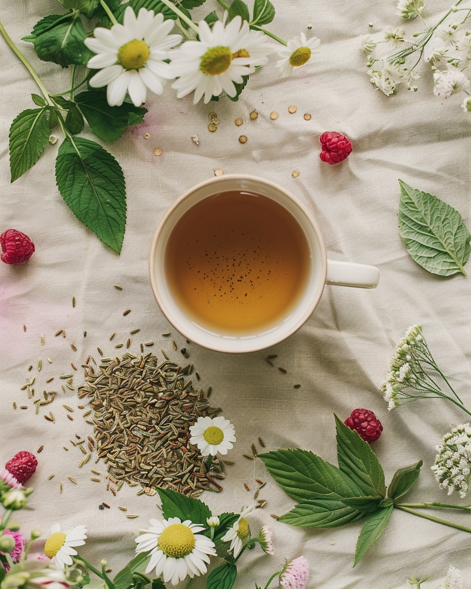 A cup of Cycle Support – The Monthly Hug in a Mug That Gets You 😮‍💨🫖 sits on a white cloth, surrounded by calming botanicals—chamomile flowers, loose tea leaves, green leaves, white blossoms, and fresh raspberries.