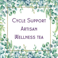 Thumbnail for A square frame of watercolor green leaves surrounds the text Cycle Support – The Monthly Hug in a Mug That Gets You 😮‍💨🫖 in elegant purple font on a white background.