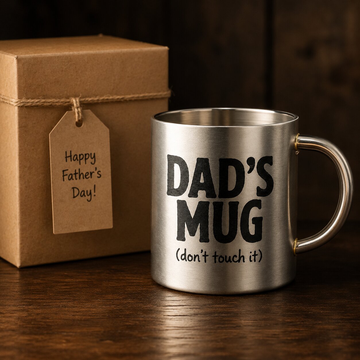 Silver mug with 'Dad's Mug (don't touch it)' text next to a brown gift box with a 'Happy Father's Day!' tag.