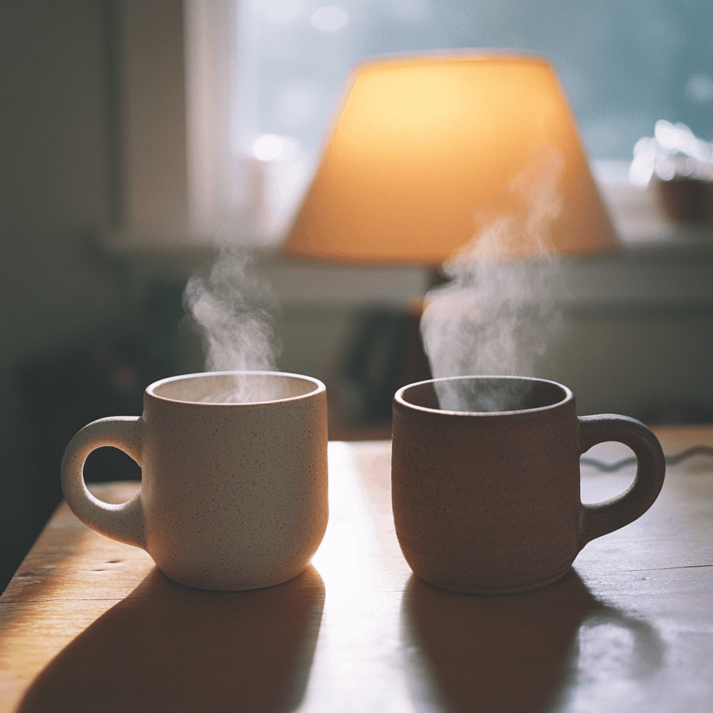 Two steaming ceramic mugs side by side on a wood table in soft morning light — Java Momma Day/Night Duo