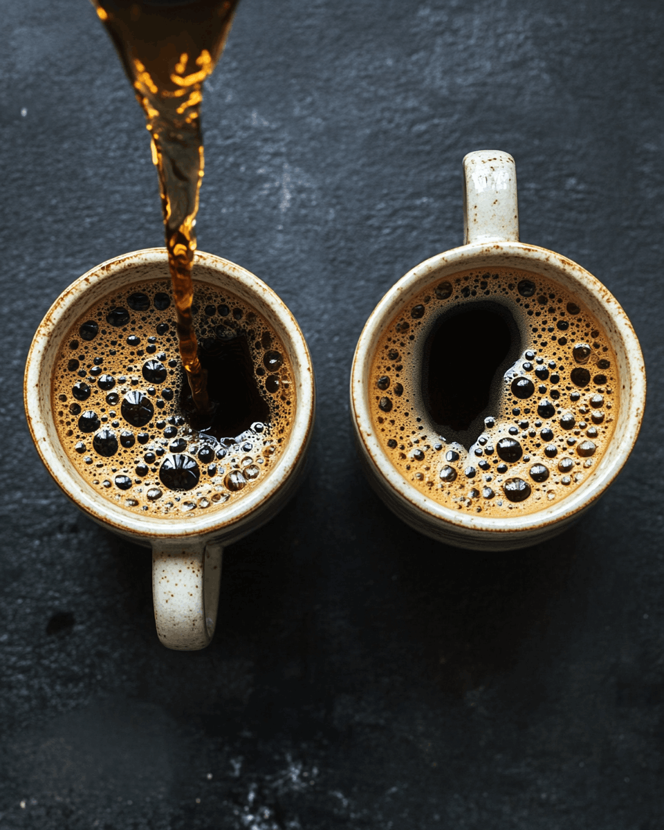Overhead view of two ceramic mugs with fresh-poured coffee on a dark slate surface — Java Momma Day/Night Duo