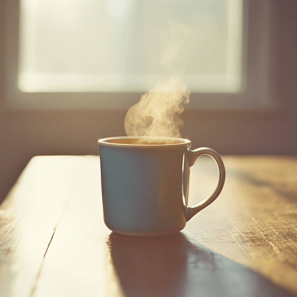 Steaming ceramic mug in bright morning window light on a wood table — Java Momma fresh-roasted coffee