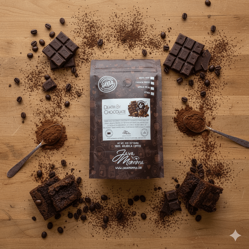 Death by Chocolate Flavored coffee bag surrounded by chocolate, coffee beans  and brownies
