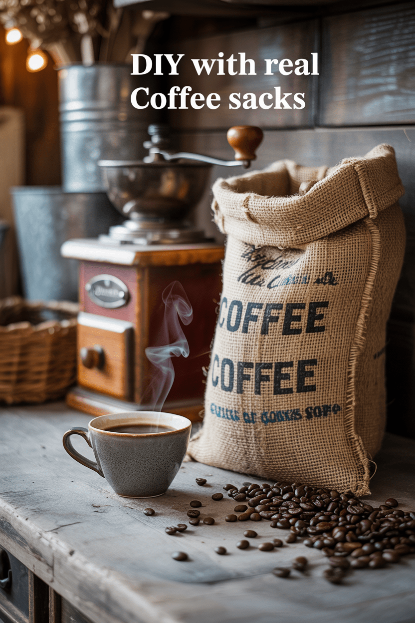 A steaming coffee sits on a wooden table beside scattered beans, a vintage grinder, and our Burlap Coffee Bag – Authentic Upcycled Sacks. Text: Create DIY farmhouse décor with real burlap coffee sacks.