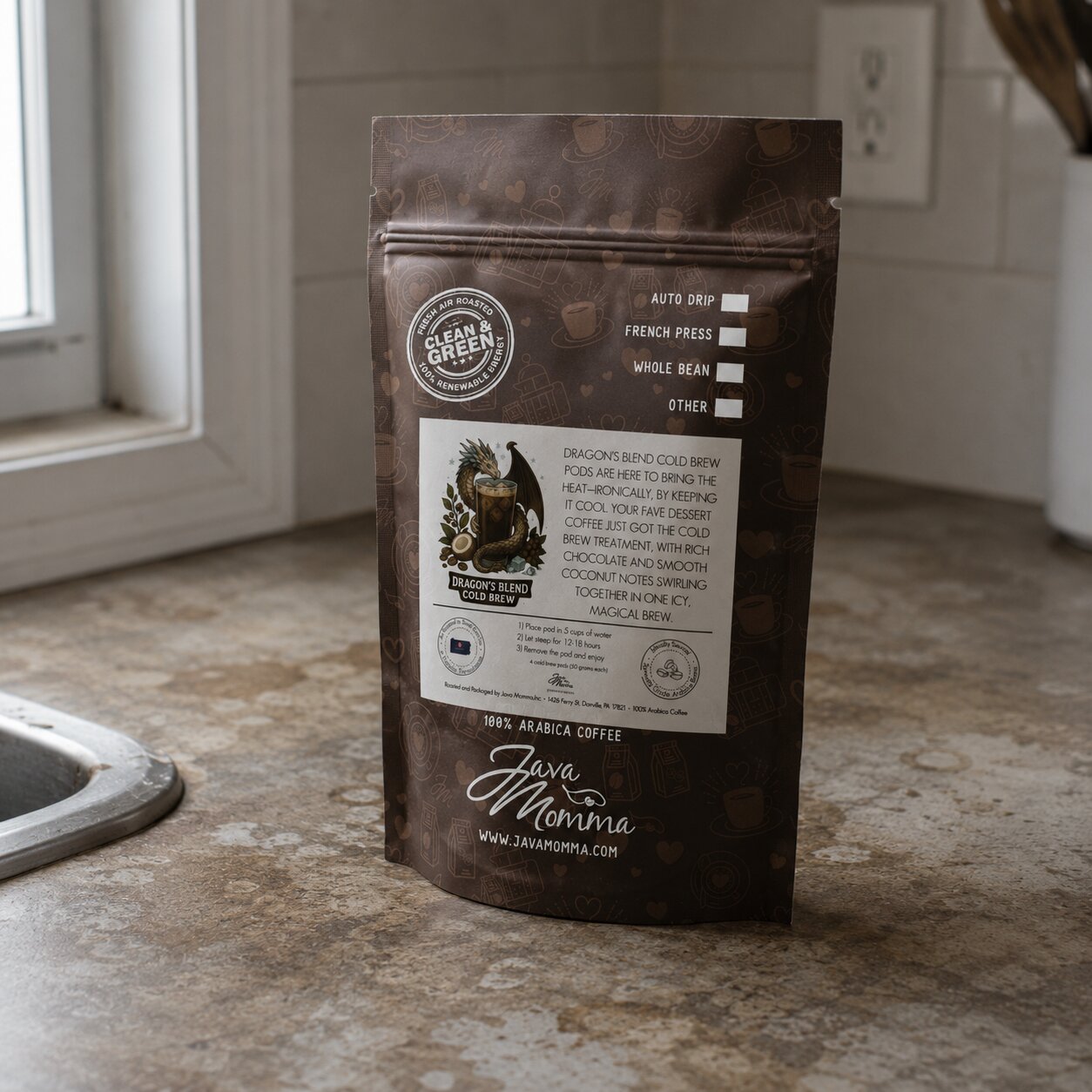 Java Momma Dragon's Blend Cold Brew coffee package on a kitchen counter
