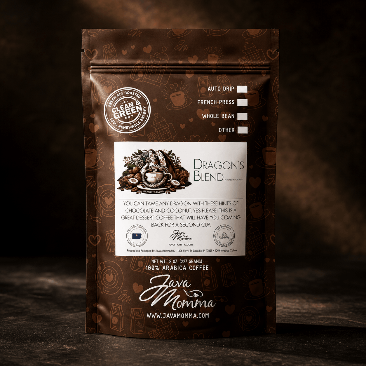 Java Momma Dragon's Blend limited release coffee bag on a dark moody surface