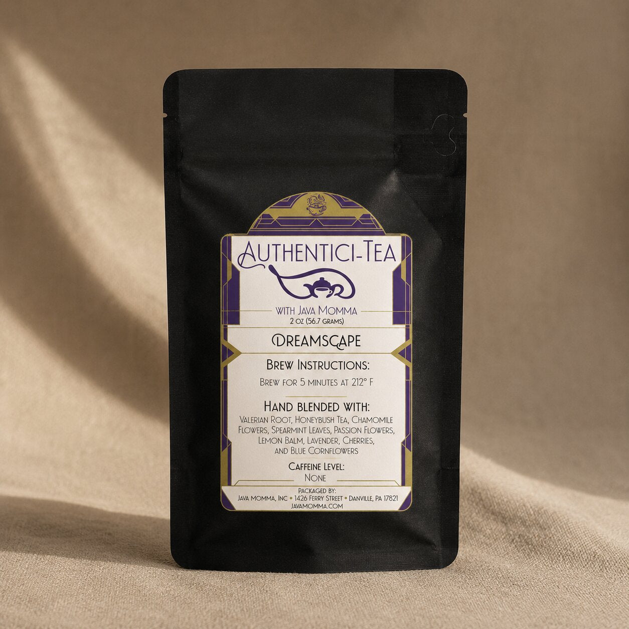 Dreamscape in Black tea package with 'Authentici-Tea' label on a beige background