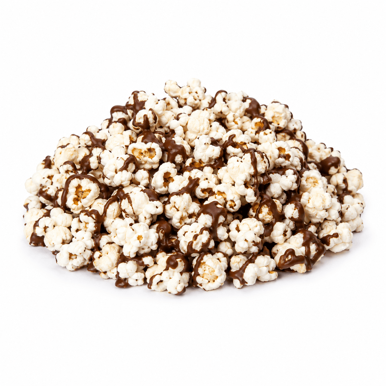 A pile of popcorn mixed with chocolate drizzle, photographed on a clean white background.