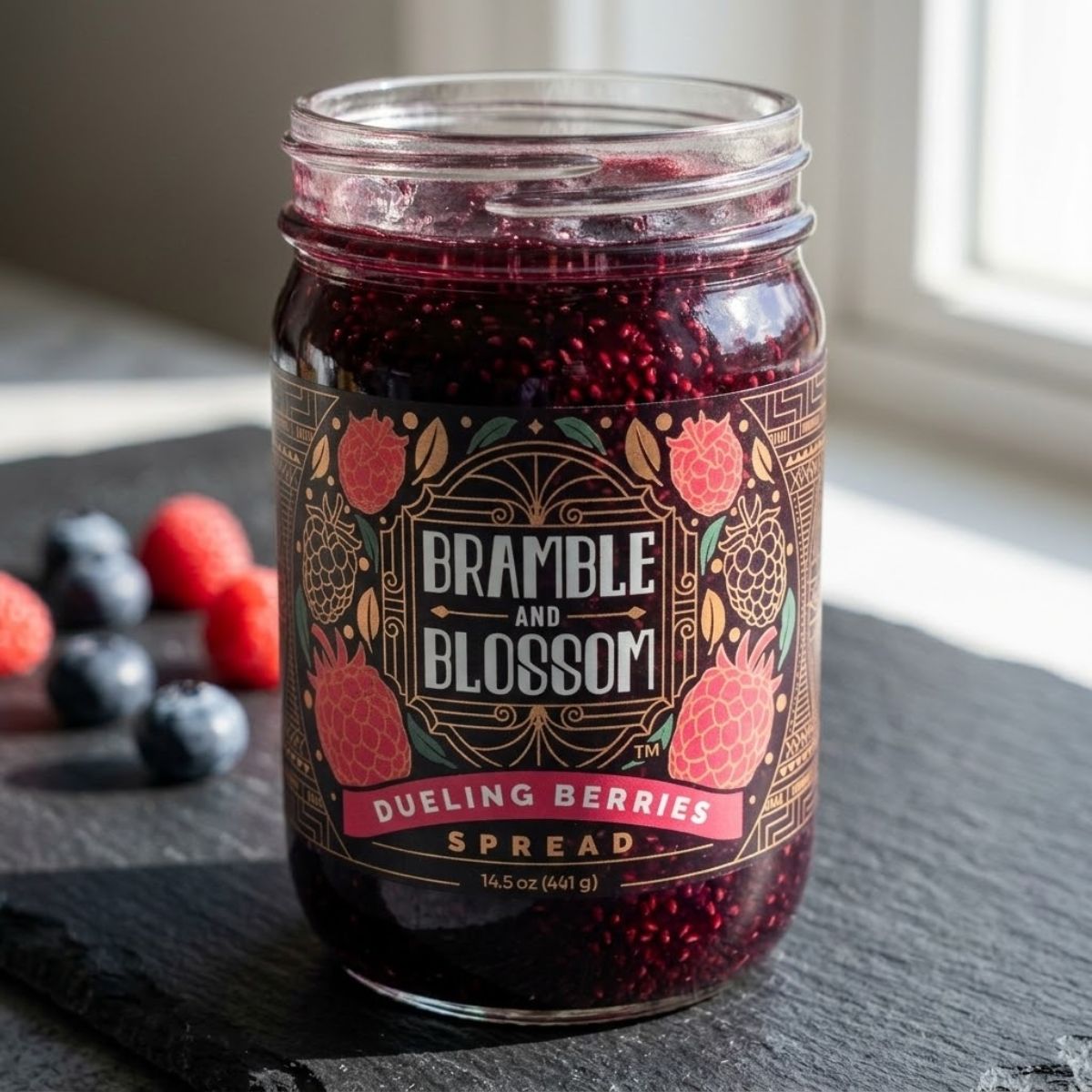 Jar of Bramble and Blossom duelling berries spread on a dark surface with berries in the background.