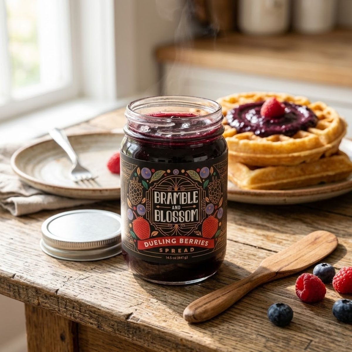 Jar of Bramble and Blossom dueling berries spread on a wooden table with waffles and berries.