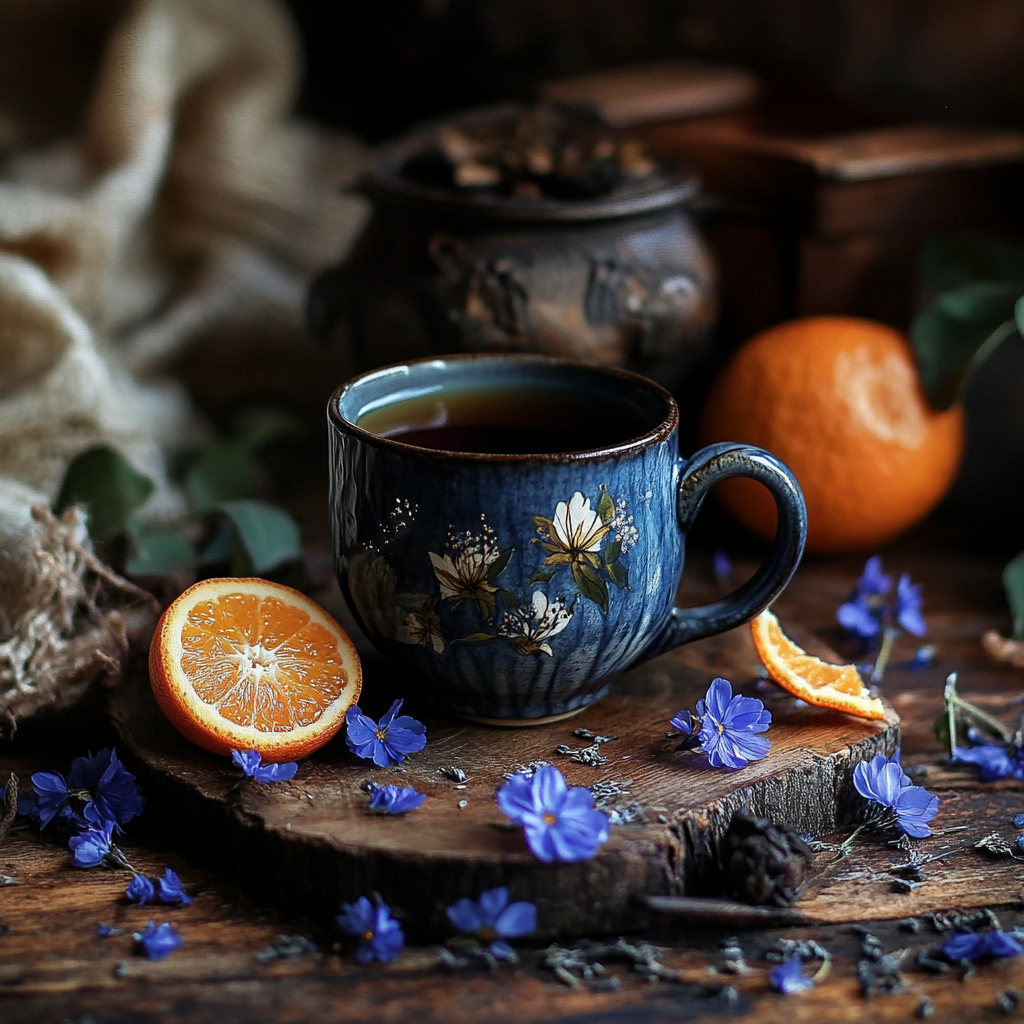 Cup of dark tea in a blue floral mug surrounded by dried blue cornflowers, sliced oranges, and rustic wooden accents on a wooden table.