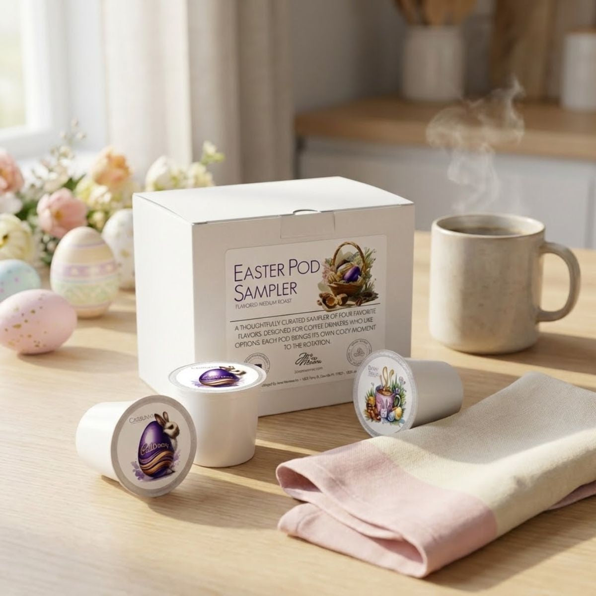 Easter coffee pod sampler with a mug and pastel eggs on a wooden surface.