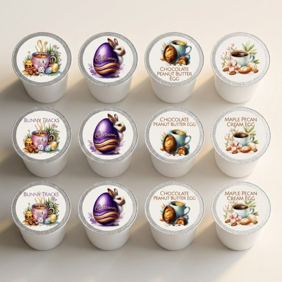Easter coffee pod sampler featuring dessert-inspired flavors like chocolate and maple in K-Cup® format.