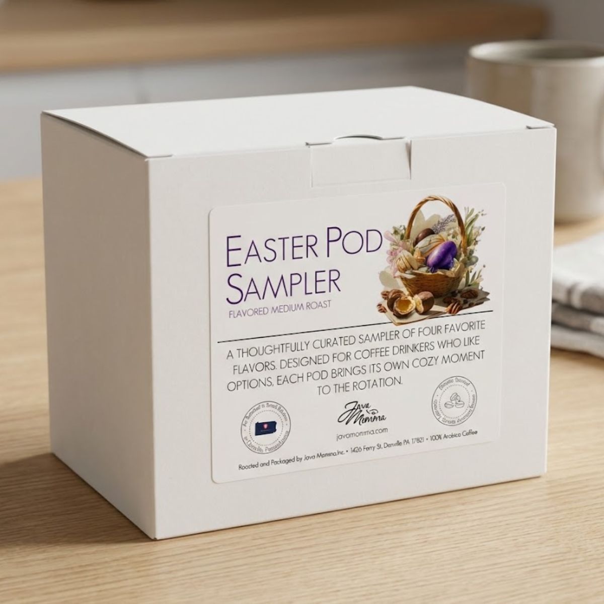 Easter Coffee Pod Sampler packaging on a wooden surface
