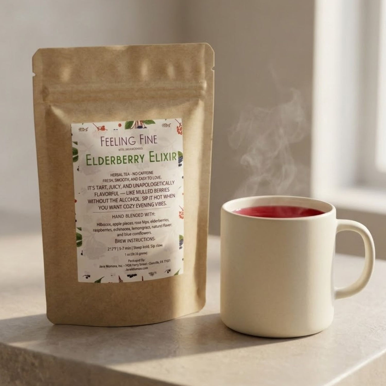 Feeling Fine Elderberry Elixir package with a steaming mug of tea on a neutral background