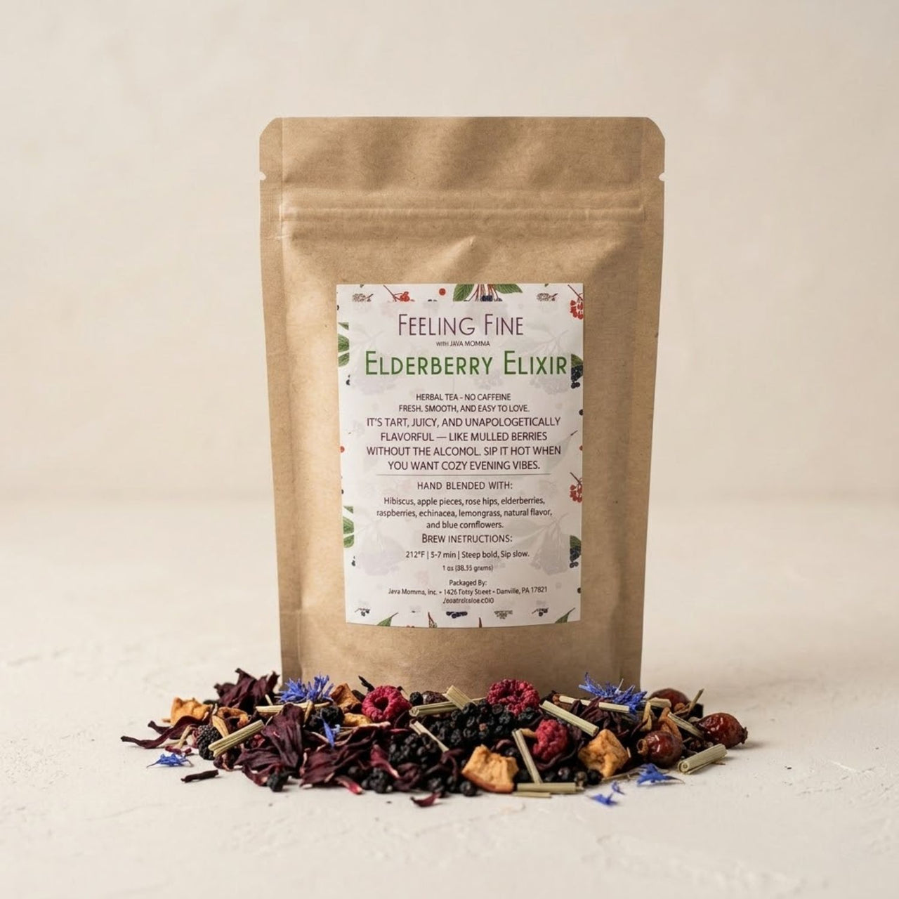 Bag of 'Feeling Fine' Elderberry Elixir tea with a label on a beige background