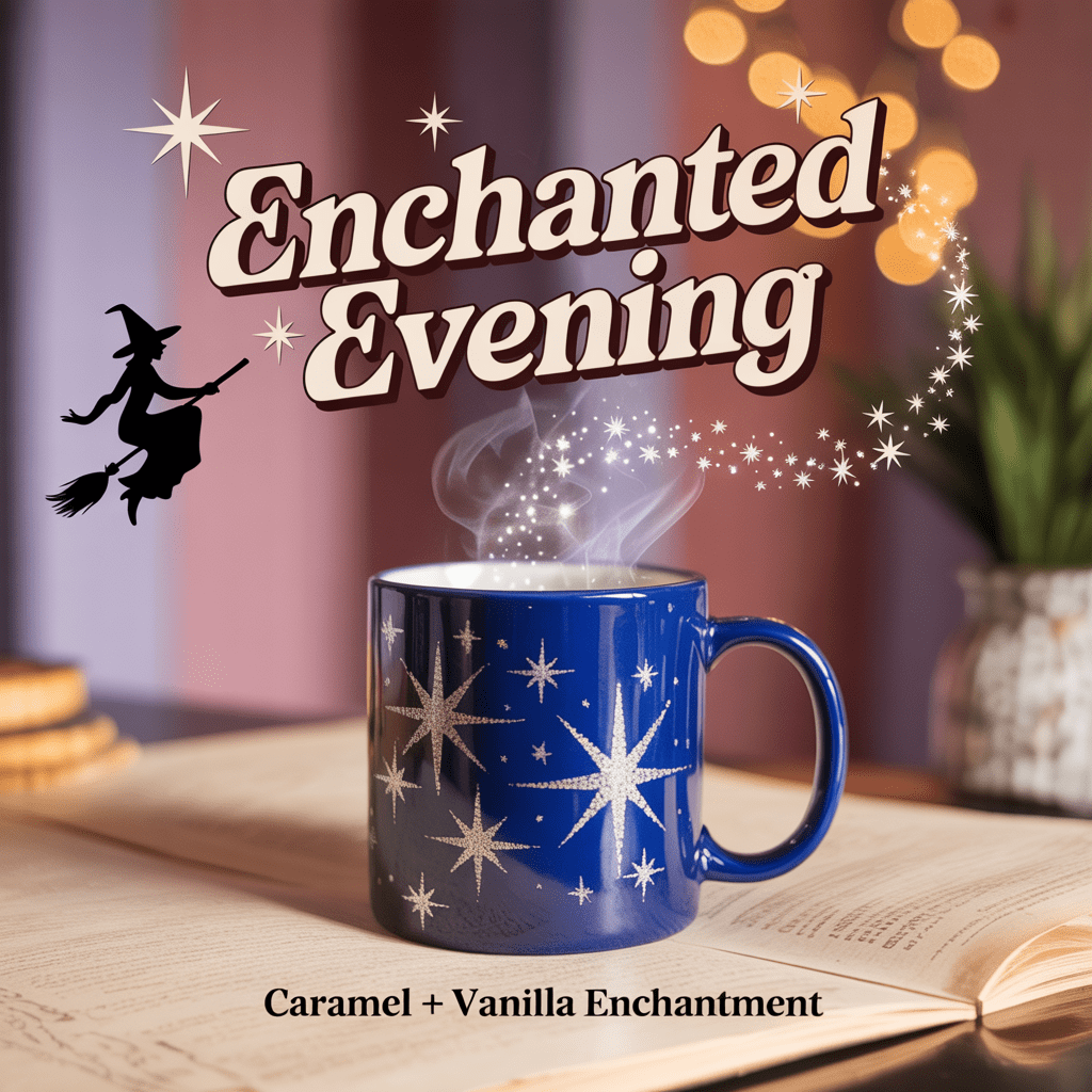 Cobalt blue coffee mug with silver starbursts and sparkling steam, labeled Enchanted Evening – caramel and vanilla flavored Bewitched-inspired coffee.