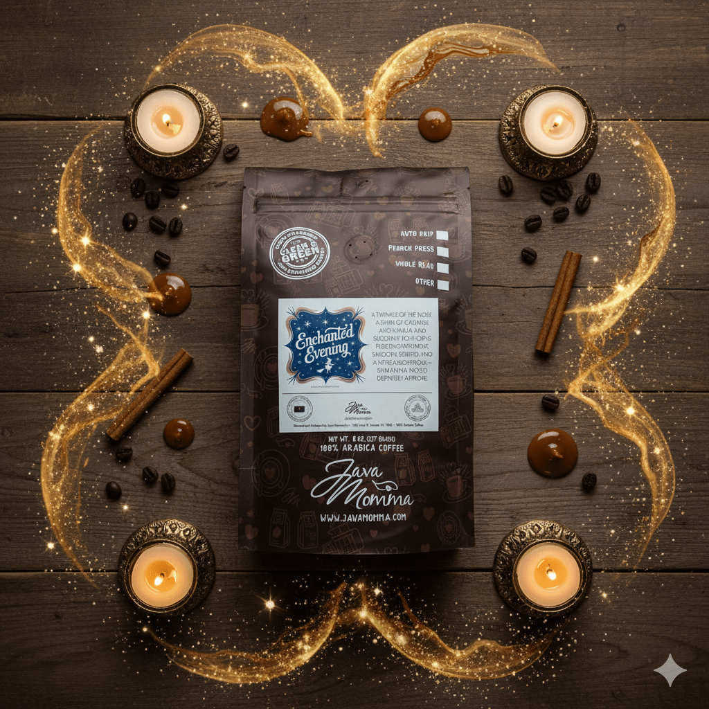 Enchanted Evening Coffee package with decorative elements on a wooden surface