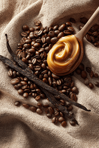Thumbnail for Coffee beans, vanilla bean, and a dollop of caramel on a textured fabric background Enchanted Evening coffee flavor notes
