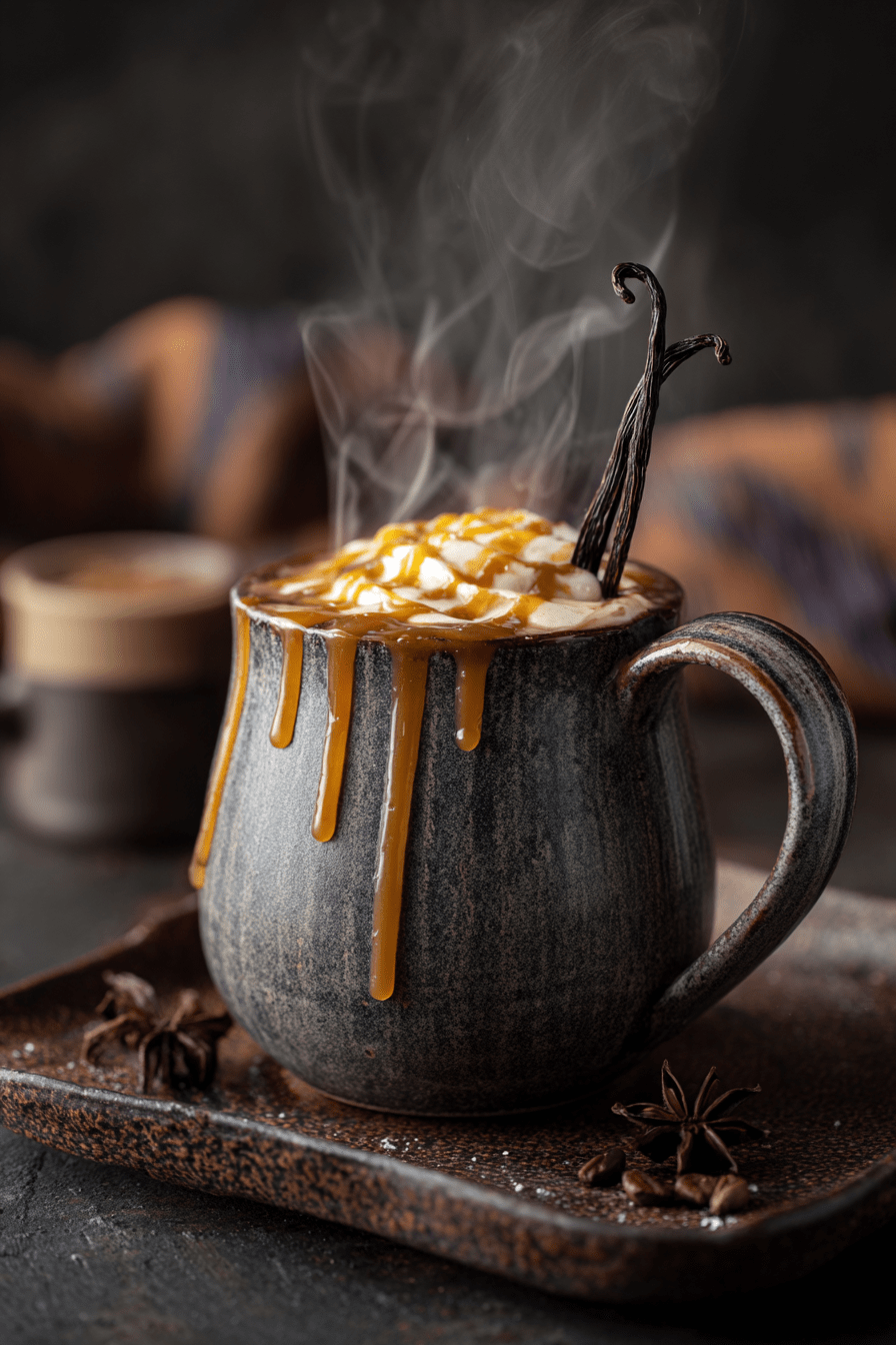 Steaming hot enchanted evening coffee
 with caramel drizzle and vanilla bean in a dark mug on a dark background