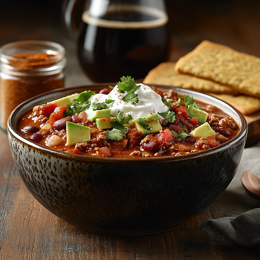 A hearty bowl of chili topped with sour cream, avocado chunks, and cilantro, with a jar of espresso spice rub and a glass carafe of coffee in the background. Served with crisp crackers on a wooden table.