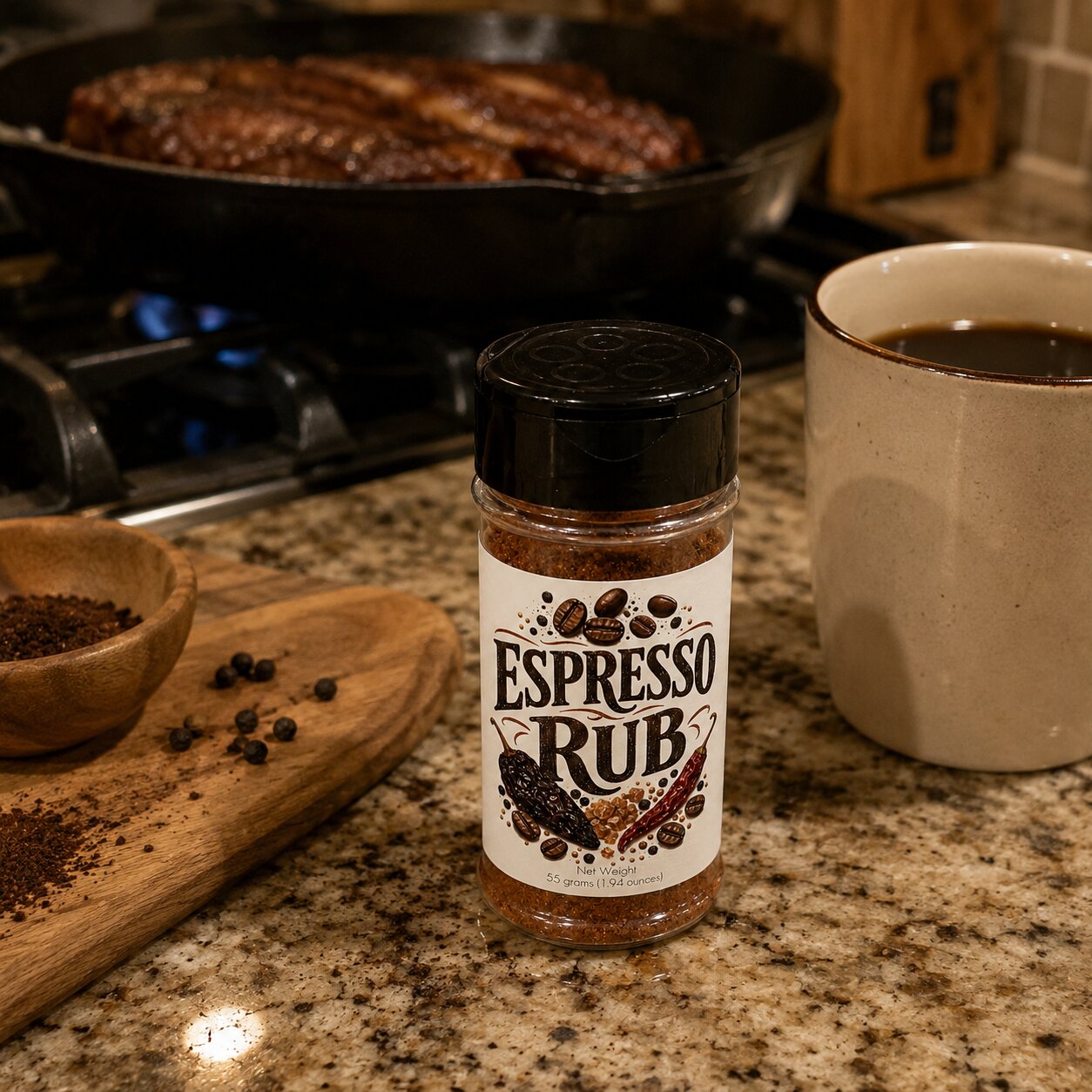 Espresso Rub bottle in a kitchen setting with steak and coffee, perfect for grilling and adding depth to dishes.