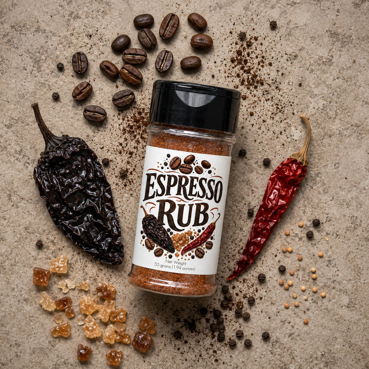 Espresso Rub jar surrounded by coffee beans, dried chiles, and sugar pieces on a textured surface.
